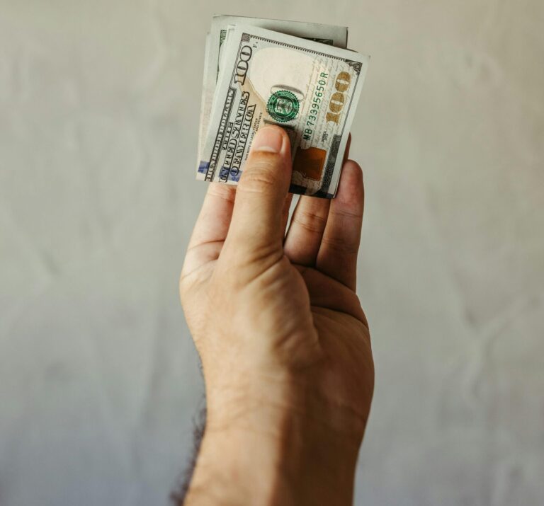 Close-up of a hand holding US dollar bills against a neutral background, symbolizing finance and economy.